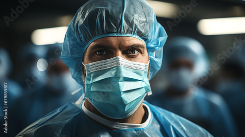 Doctor dressed in a mask, cap and disposable gown ready to enter the operating room. Health personnel with disposable western, hospital, surgical clothing. Doctor working in hospital. Sterile clothing photo