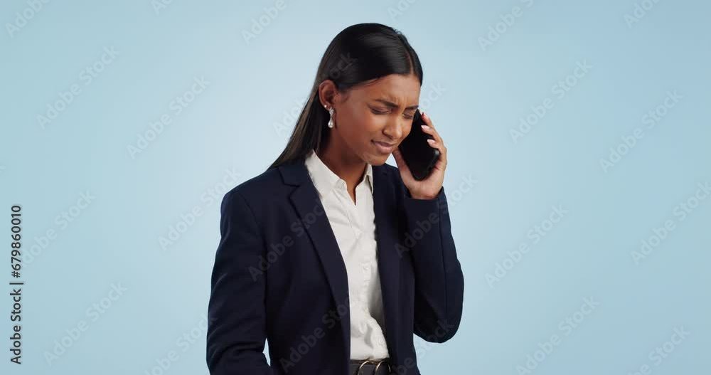 Studio, phone call and frustrated business woman in conversation with problem, crisis or confusion. Stress, debt and feedback news, angry businesswoman with cellphone on blue background with mockup. Studio, phone call and frustrated business woman in conversation with problem, crisis or confusion. Stress, debt and feedback news, angry businesswoman with cellphone on blue background with mockup.