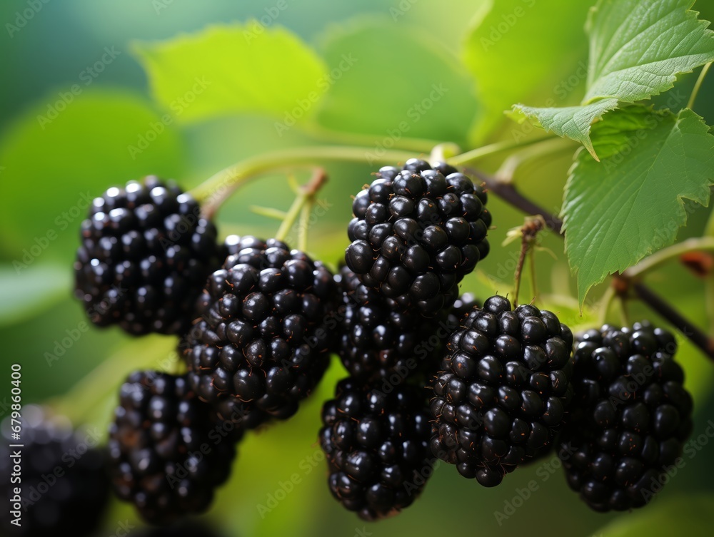 Ripe Blackberries and Raspberry With Green Leaves in Morning Sunlight Ripe Blackberries and Raspberry With Green Leaves in Morning Sunlight