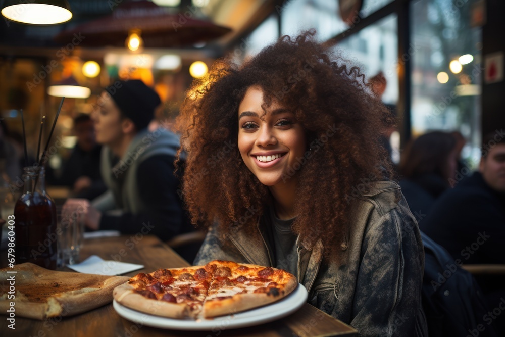 Long-Haired Black Woman Grins in Pizza Paradise