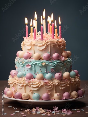 Birthday cake with candles on lights background