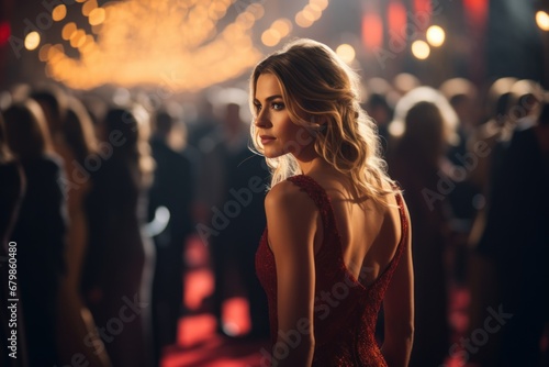 Beautiful Woman in red dress on a red carpet ceremony 