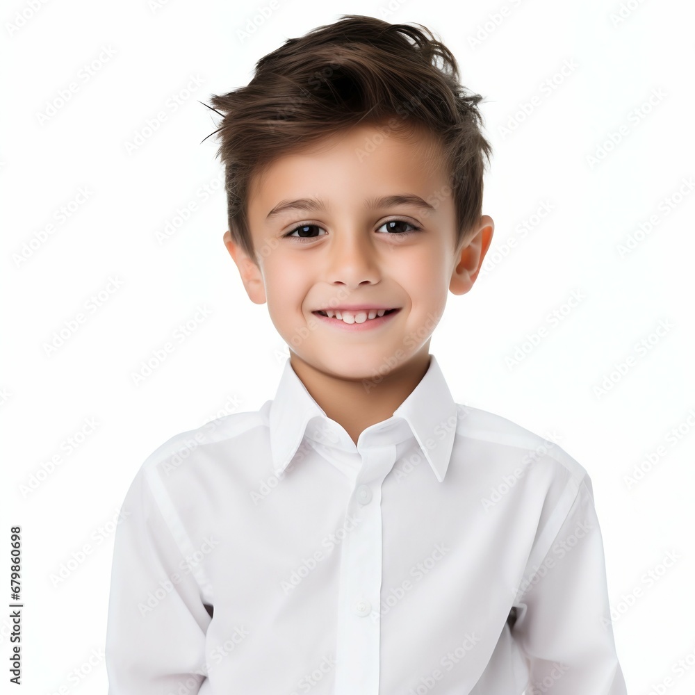 Charming Innocence: Portrait of a Smiling Cute Brunette Boy in White Shirt. Generative ai Charming Innocence: Portrait of a Smiling Cute Brunette Boy in White Shirt. Generative ai
