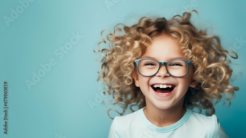 Sunshine Smile: Happy Curly Blond Girl with Big Eyeglasses on Light Blue Background. Generative ai