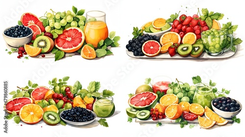 hand-drawn fresh fruits and berries, a bunch of ingredients for a fruit salad. white background. healthy dietary products. snacking, raw food, cooking.