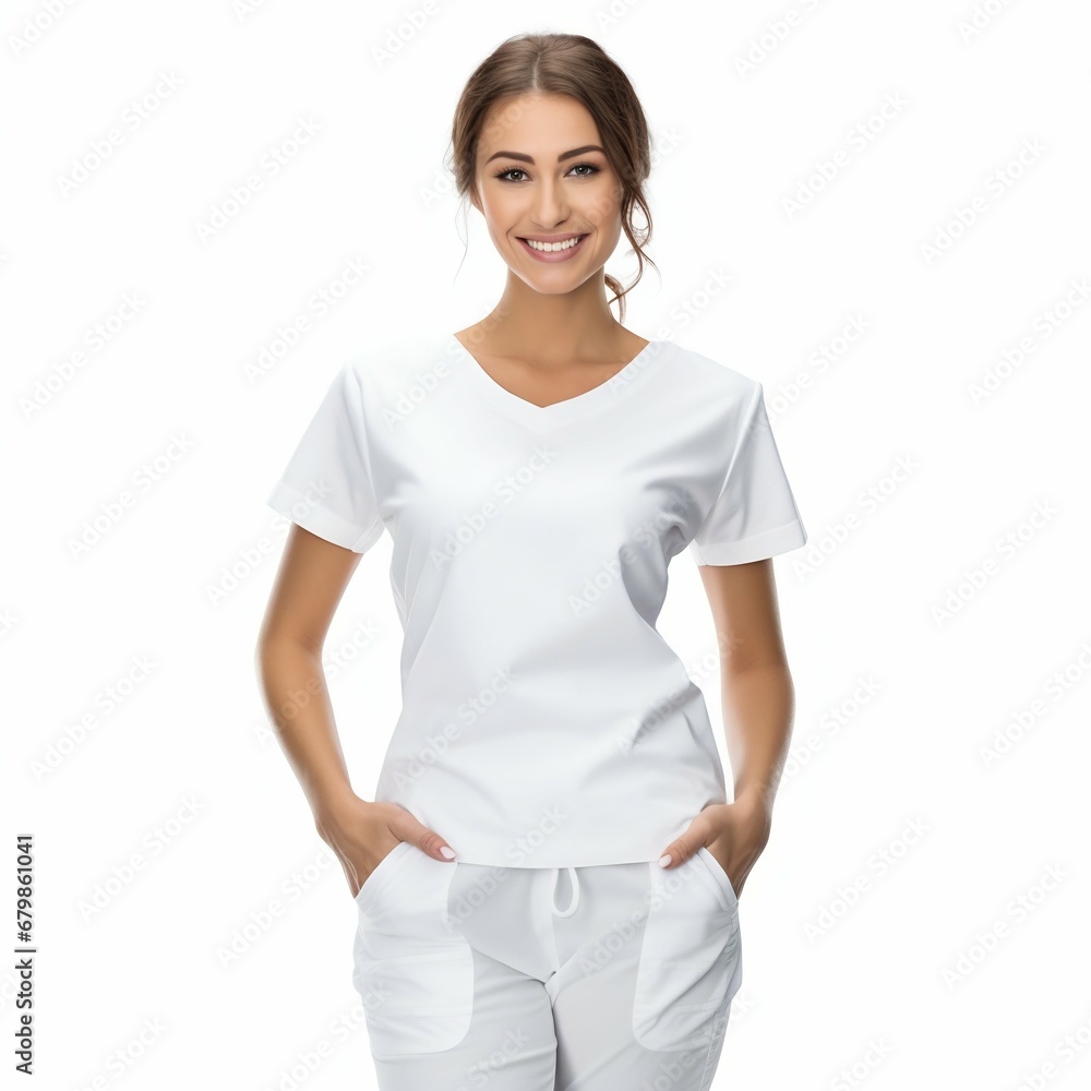 Professional Grace: Attractive Woman in Medical Scrubs Isolated on White Background. Generative ai Professional Grace: Attractive Woman in Medical Scrubs Isolated on White Background. Generative ai