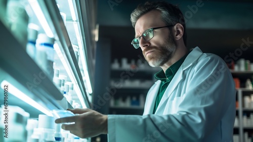 Diligent Care: Pharmacist Searching for Medicine on Shelves. Generative ai