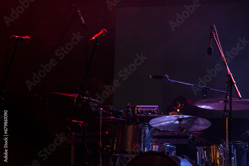 The drum set on the stage. Scene