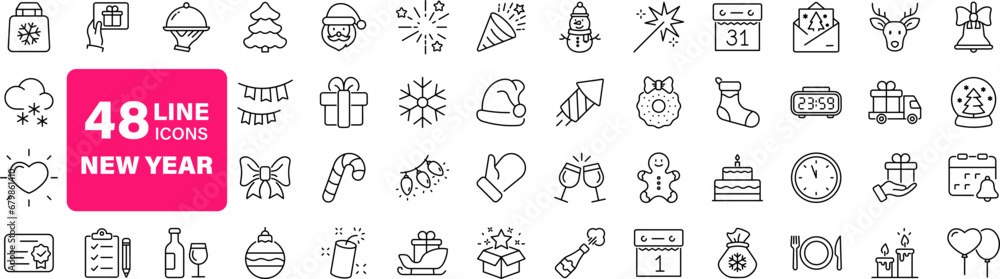 New year holiday set of web icons in line style. Merry Christmas and Happy New Year icons for web and mobile app. Winter, xmas, celebration, party, birthday, event, santa, tree, snow. Editable stroke New year holiday set of web icons in line style. Merry Christmas and Happy New Year icons for web and mobile app. Winter, xmas, celebration, party, birthday, event, santa, tree, snow. Editable stroke