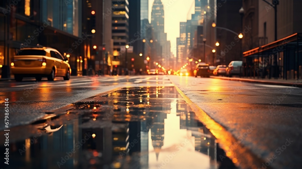 Urban Glow: Close-Up of City Lights Reflecting on New York Asphalt Road. Generative ai