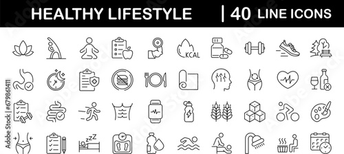 Healthy lifestyle set of web icons in line style. Fitness and sport icons for web and mobile app. Work and rest, physical activity, exercise, gym, sleep, body care and a diet. Editable stroke