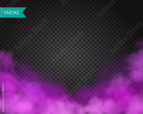 Purple smoke on transparent background. Mystical violet fog. Realistic clouds. Mist vector realistic effect