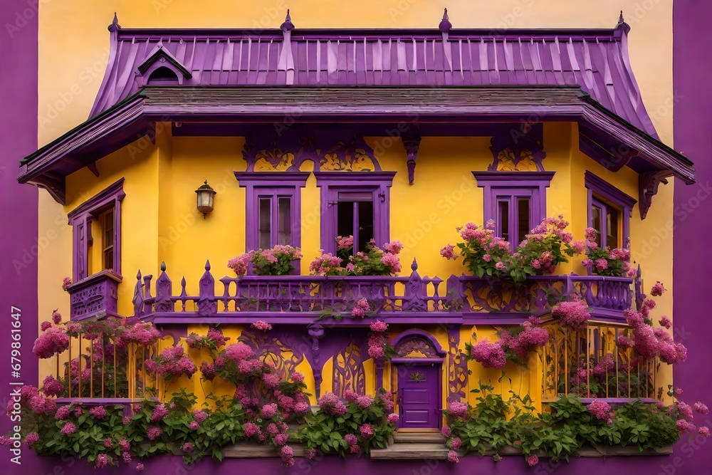 Fototapeta premium Yellow and purple color house surrounded by purple flowers