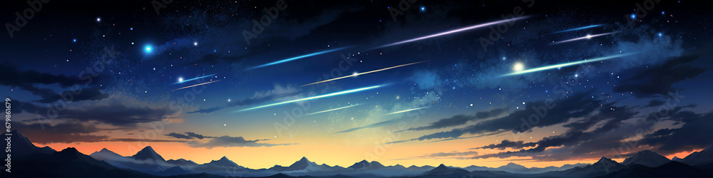 Majestic Night Sky with Shooting Stars over Mountain Range