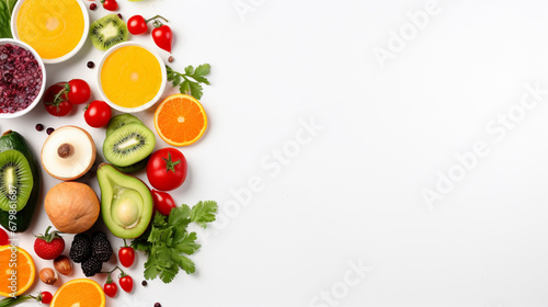 Top view of fresh vegetables  fruit  with empty plate on white paper World vegan day. generative ai