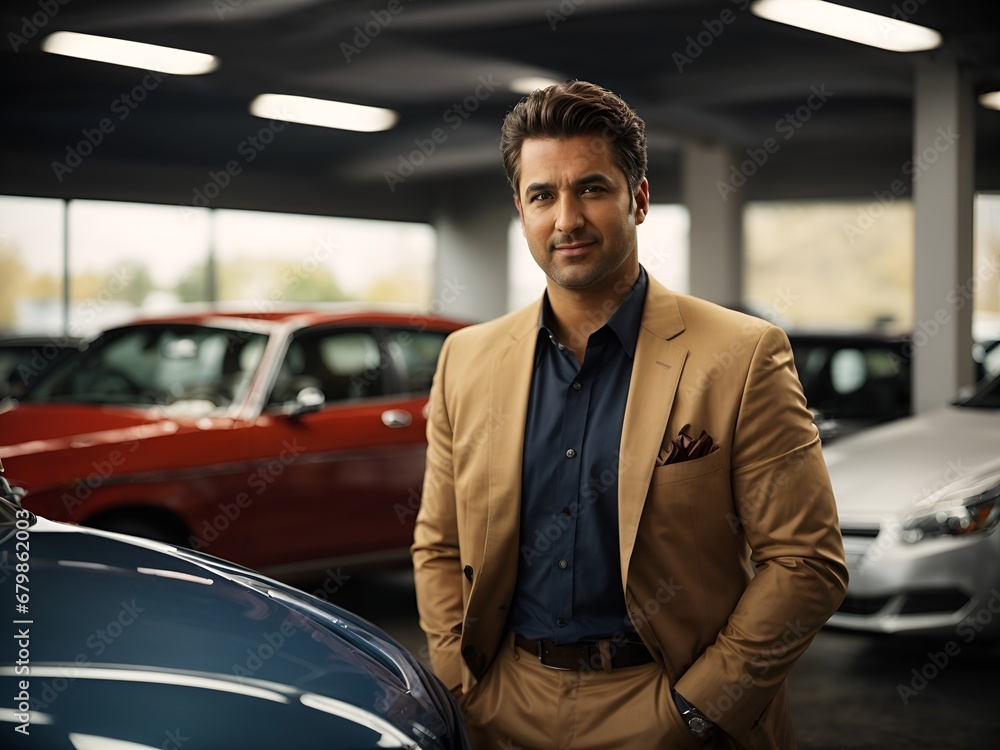 A used car salesman in a cheap suit standing in front of a car at an auto dealership, engaged in a sales pitch and negotiation. 
