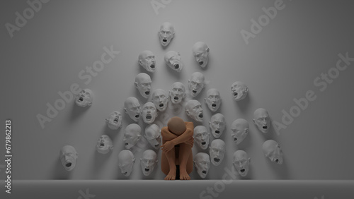 Fears and problems attacked the person. A human figure is sitting on the floor cowering in fear. Lots of screaming faces in the wall, surreal 3D concept