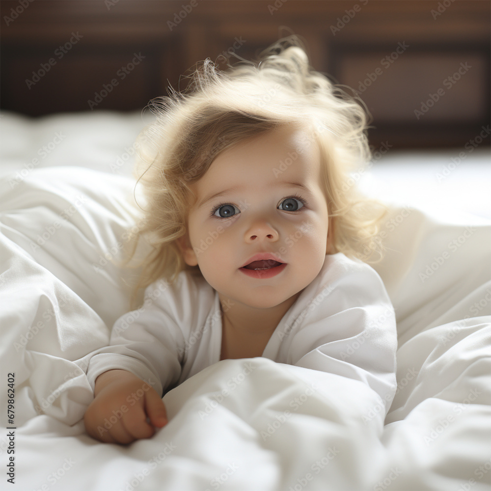 Süßes Baby unter weißer Decke im Bett (Durch AI generiert) Süßes Baby unter weißer Decke im Bett (Durch AI generiert)
