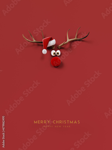 Reindeer with red nose and Santa hat on red background. Christmas greeting card design with text. 3D Rendering, 3D Illustration
