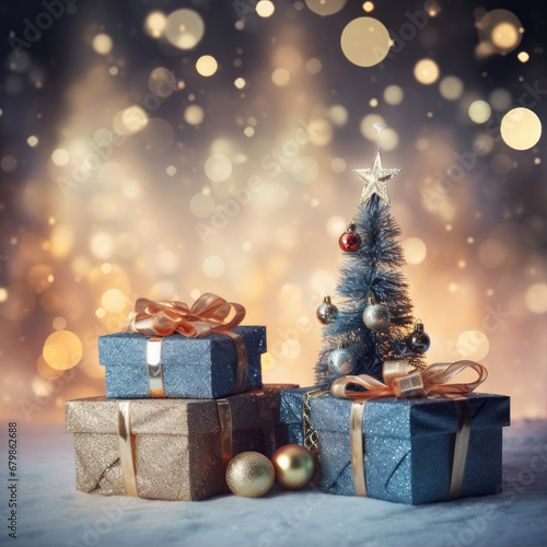 Christmas style Product podium scene with flying falling white gift box with gold bow. Merry Christmas and New Year festive banner design, greeting card. AI technology.
