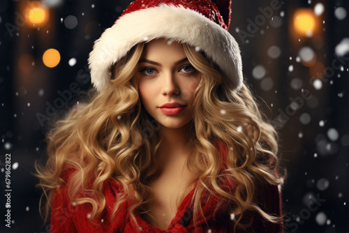 Hübsche blonde Frau mit Weihnachtsmütze auf dem Kopf in rot (Durch AI generiert)