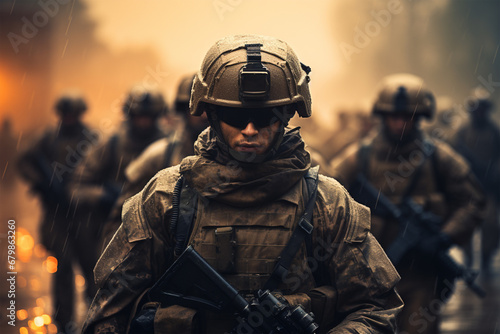 Soldat mit Helm und Uniform im Einsatz (Durch AI generiert)