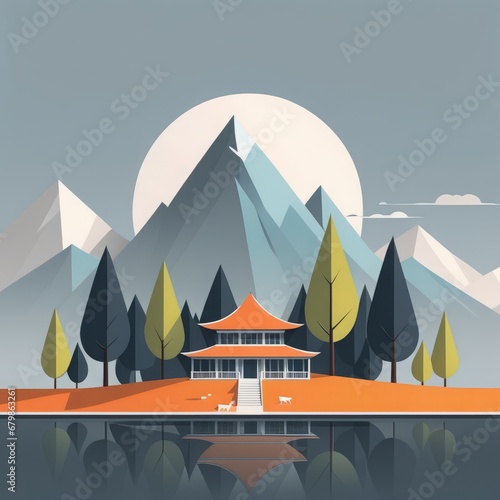 illustration of a beautiful landscape with a lake, mountains, lake and mountains, a lake in the