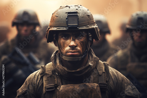 Soldat mit Helm und Uniform im Einsatz (Durch AI generiert)
