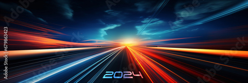 driving on the road to success - 2024 year number on the highway, sunrise in the new year photo