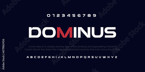 DOMINUS Abstract modern thin line font alphabet. Technology digital neon fonts and numbers. Typography typeface uppercase number. vector illustration