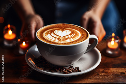 Herz Cappuccino auf Holztisch mit Kaffee Bohnen (Durch AI generiert)