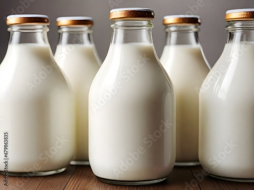 glass bottles of fresh milk zoom close up view