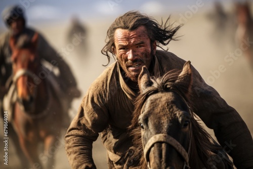 Majestic Rider on a Brown Horse Engaged in the Traditional Buzkashi Generative AI