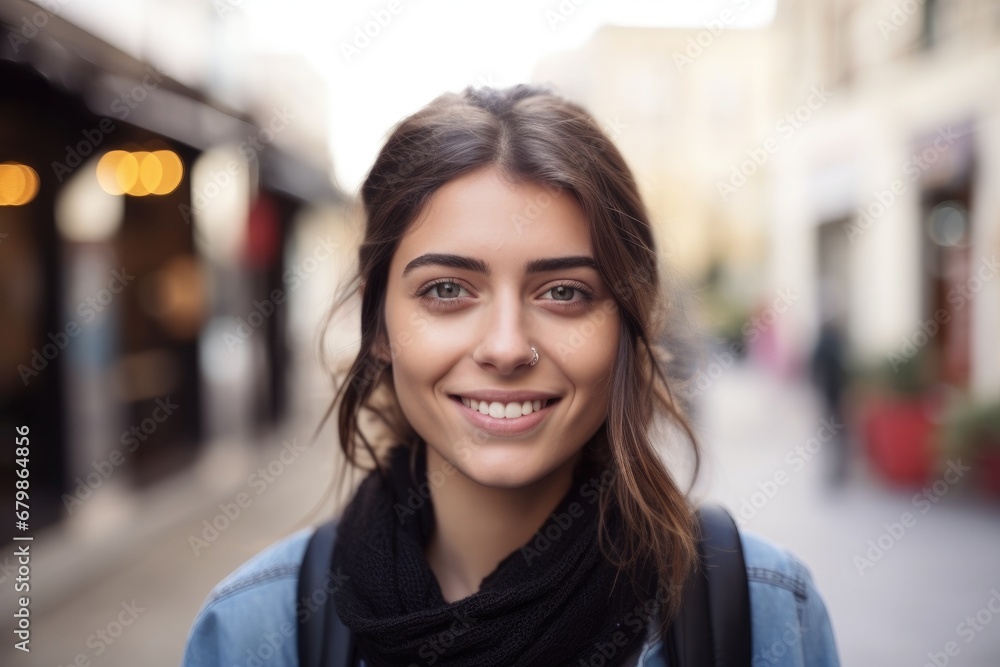 Smiling young brunette posing at a beautiful city looking at the camera Smiling young brunette posing at a beautiful city looking at the camera