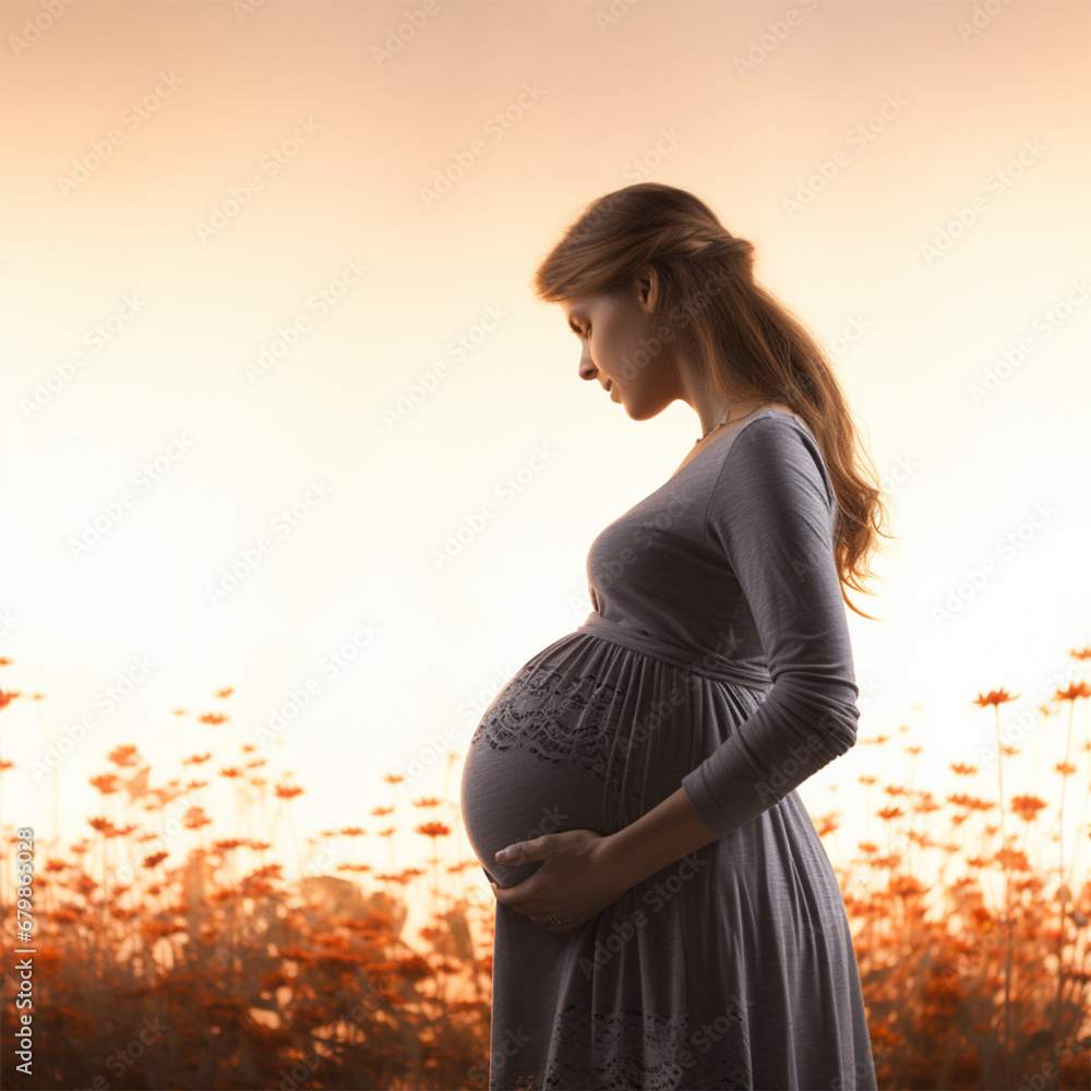 Schwangere brünette Frau hält sich ihren Bauch (Durch AI generiert) Schwangere brünette Frau hält sich ihren Bauch (Durch AI generiert)