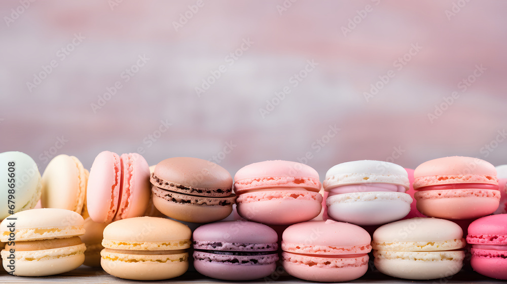 Obraz premium Macaroons Background with a place to copy, pastel colors. Delicious dessert. Cookies, pastries, flour products.