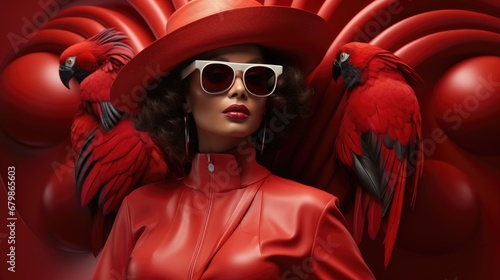 A woman wearing a red leather outfit and a red hat with two parrots on her head.