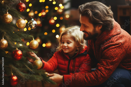 Vater und Tochter beim Schmücken des Weihnachtsbaums mit Christbaumkugeln (Durch AI generiert)