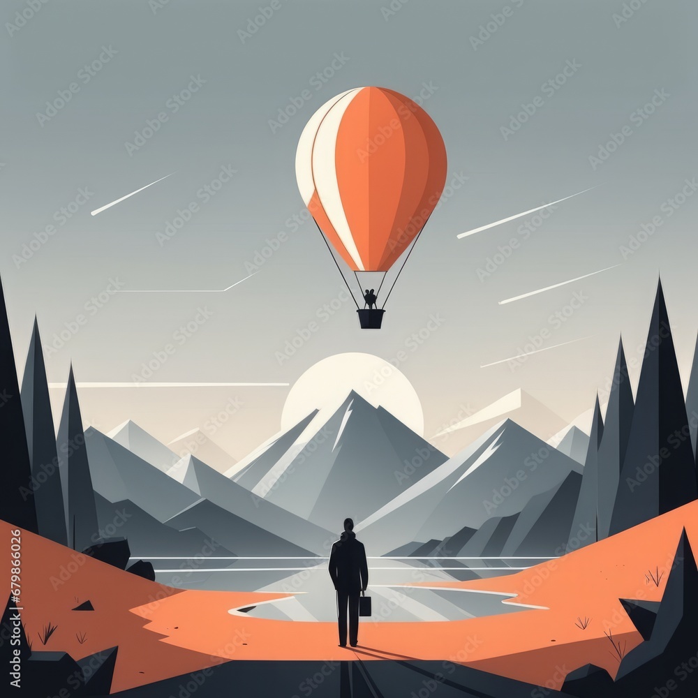man walking on the mountain with a balloonman walking on the mountain with a balloon vector ill