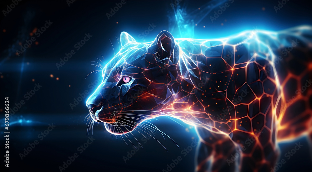 A blue lava glowing neon panther shaped by digital lasers. - obrazy, fototapety, plakaty 