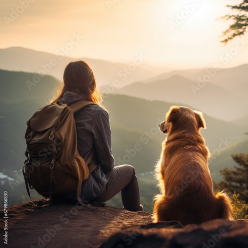 mountain view background and back side of tourist woman. she's traveling with dog. they are best friend. she's holding a dog at view point at mountain. morning light and bokeh. 