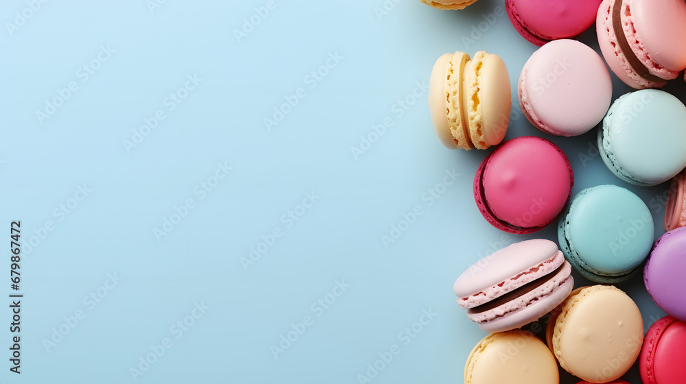 Macaroons Background, pastel colors, view from above. Delicious multicolored dessert. Cookies, pastries, flour products.