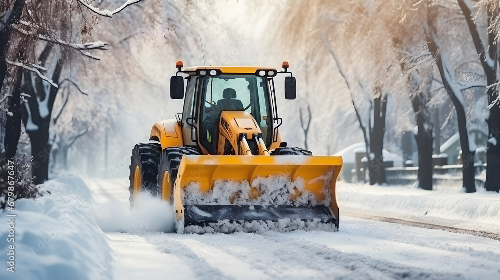 snow removal equipment, a yellow tractor with a bucket cleans snow from the road. cleaning snowdrifts from the street in winter. special equipment. snow removal equipment, a yellow tractor with a bucket cleans snow from the road. cleaning snowdrifts from the street in winter. special equipment.