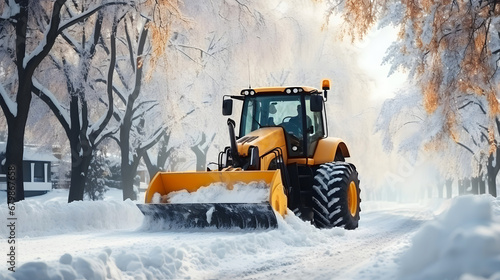 snow removal equipment, a yellow tractor with a bucket cleans snow from the road. cleaning snowdrifts from the street in winter. special equipment.