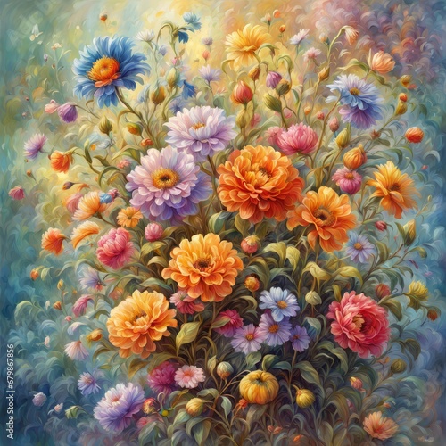 colorful painting of flowers in the garden colorful painting of flowers in the garden oil paint