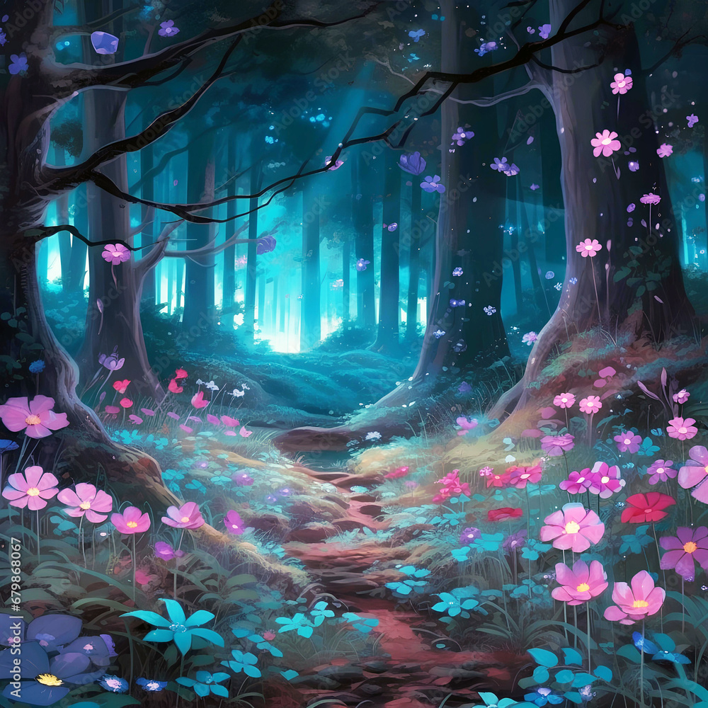 Fototapeta premium a magical forest with purple flowers, Generative AI