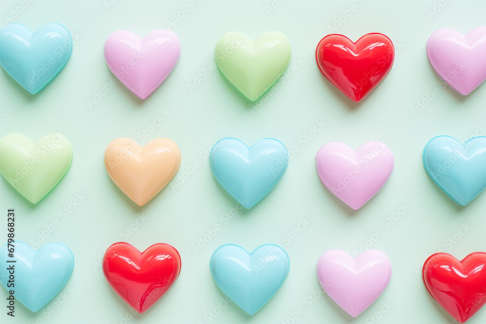 Colorful pastel plastic hearts pattern on pastel background