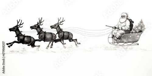 Santa Claus rides on a sleigh pulled by reindeer