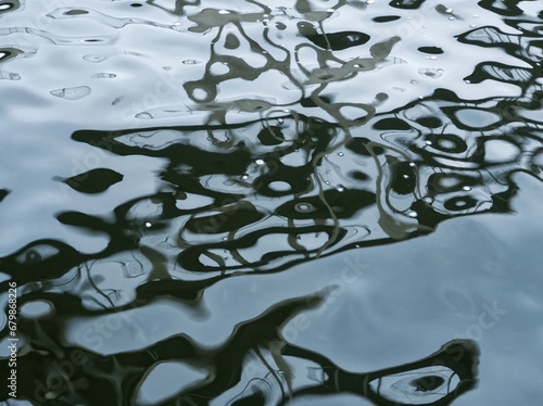 Abstract blue water reflex background. Reflection and abstract inspection elements in water. Broken elements distorted in the lake. Rippled water texture. Disordered water surface. Abstract landscape. photo