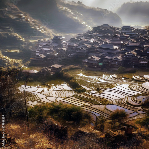 High angle shot of the rice terraces of Yuanyang contry, Generative AI photo